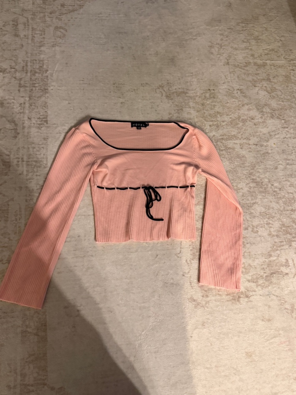 Motel Rocks Pink Ribbed Long-Sleeve Crop Top with Black Trim